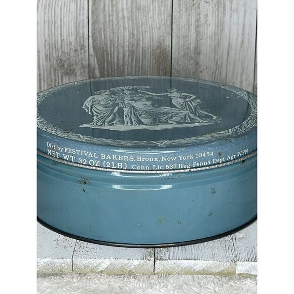 Vintage Round Blue & White Festival Bakers Tin With Greek Scene - Picture 2 of 4